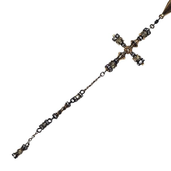 Layered Gold-Tone Necklace Ornate Cross Pendant‎ Beaded Accents 18" - Picture 3 of 11